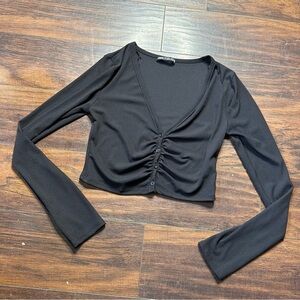 Zara Black Button Ruched Long Sleeve Crop Top